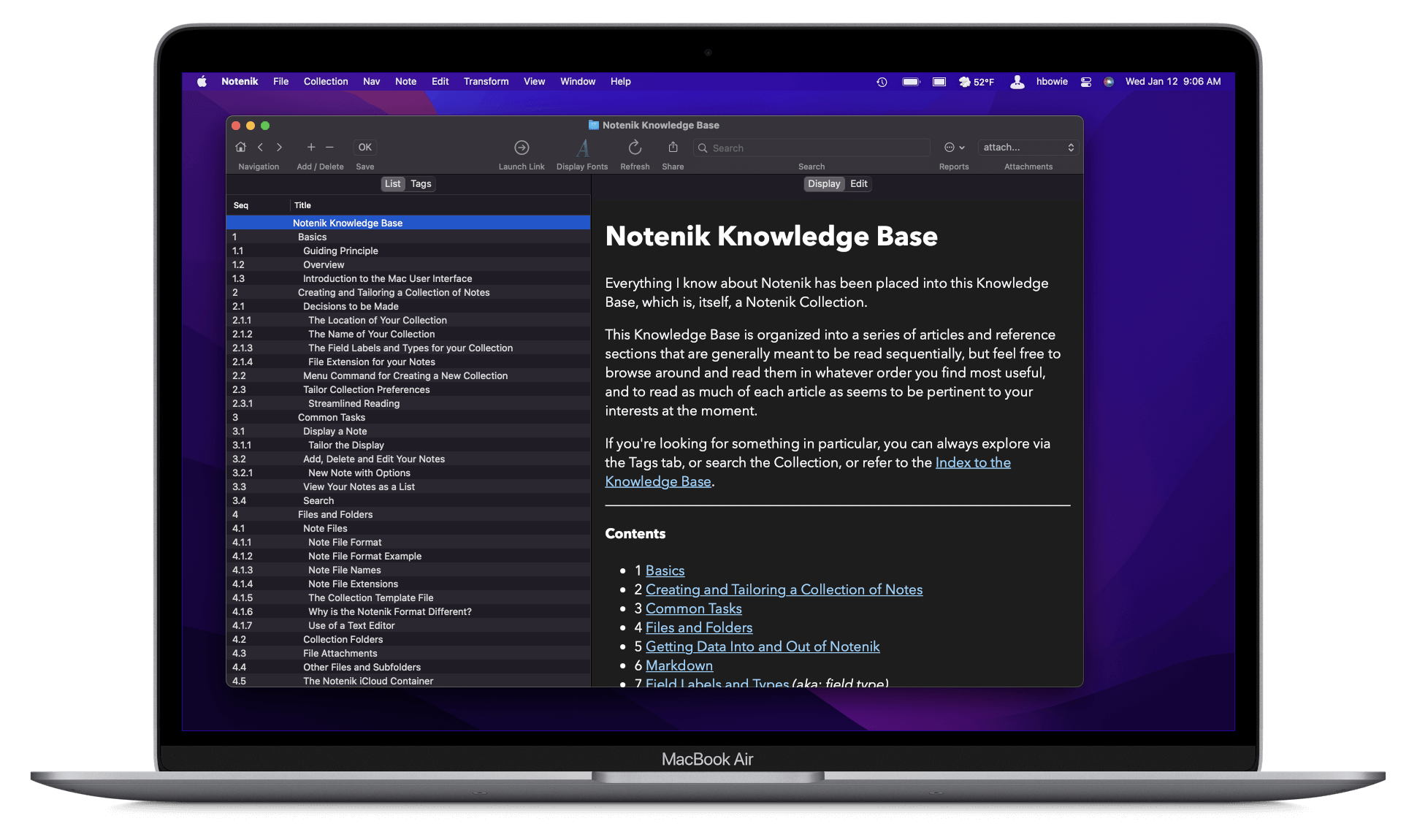 The Notenik app running on a MacBook Air